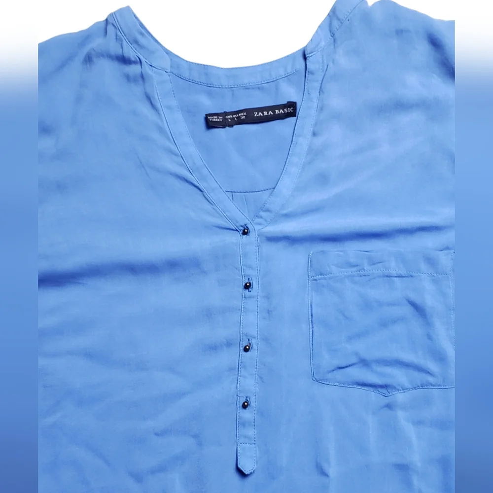 COPY - ⚪2/$20 Zara Henley Roll-Tab Sleeve Viscose Blouse Periwinkle Blue - Picture 7 of 9